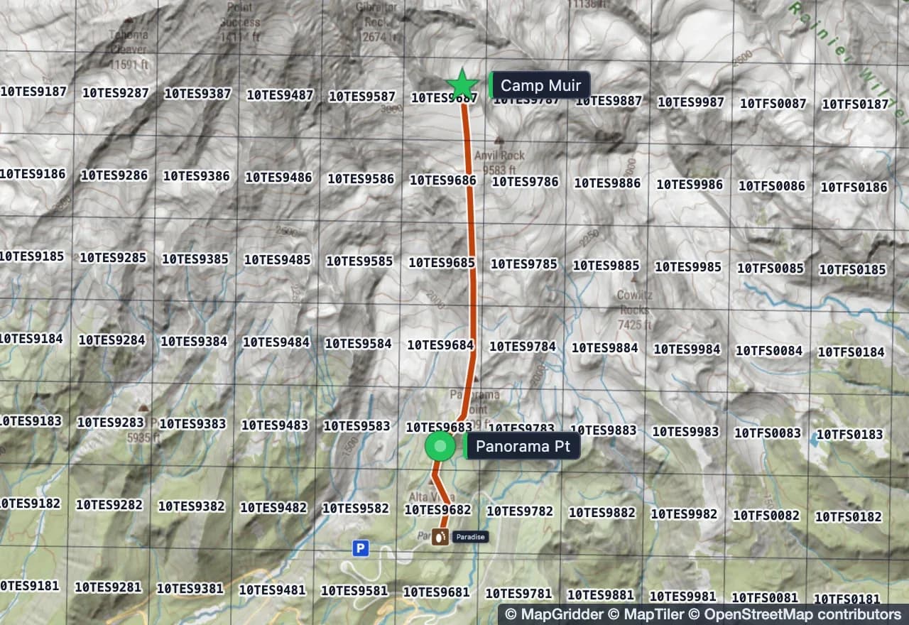Satellite map with an MGRS grid, unit symbols, a route and waypoints